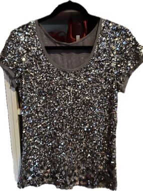 Sequin Short-Sleeve Scoop Neck Top - Silver